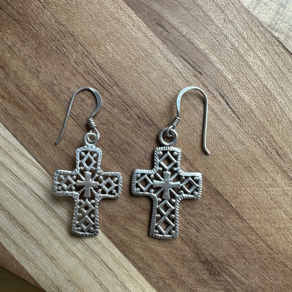 Vintage Hook Dangle Cross Earrings 1.5 Inch Openwork Filigree 925 Sterling 3.4g